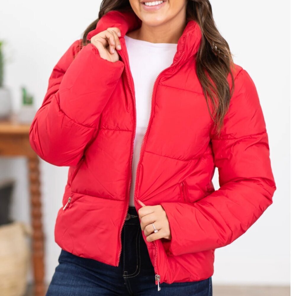 Zenana Womens Size Large Red Puffer Jacket Full Zip Pockets Long Sleeve QJ-1350Y